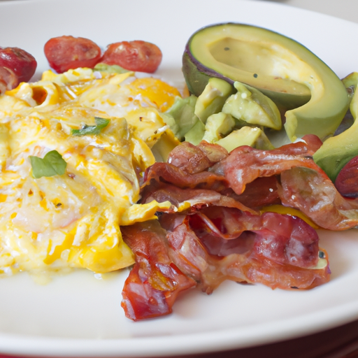 Scrambled Eggs with Bacon, Sliced Tomatoes & Avocado