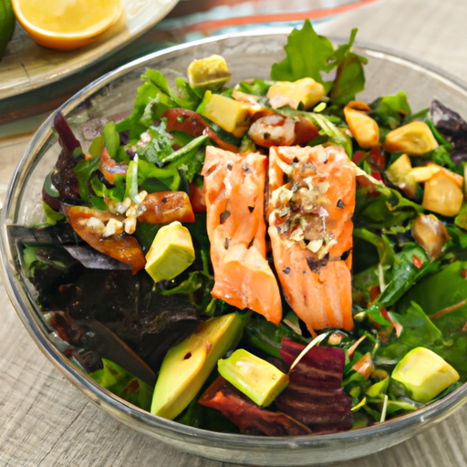 Grilled Salmon Salad with Mixed Greens, Avocado & Lemon Vinaigrette